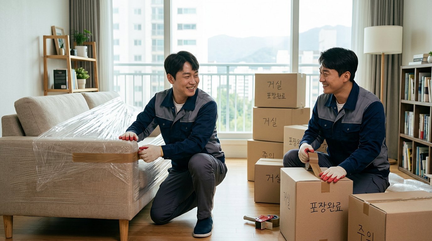포장이사 반포장이사 차이 비교 - 소파를 포장하는 이사 작업자