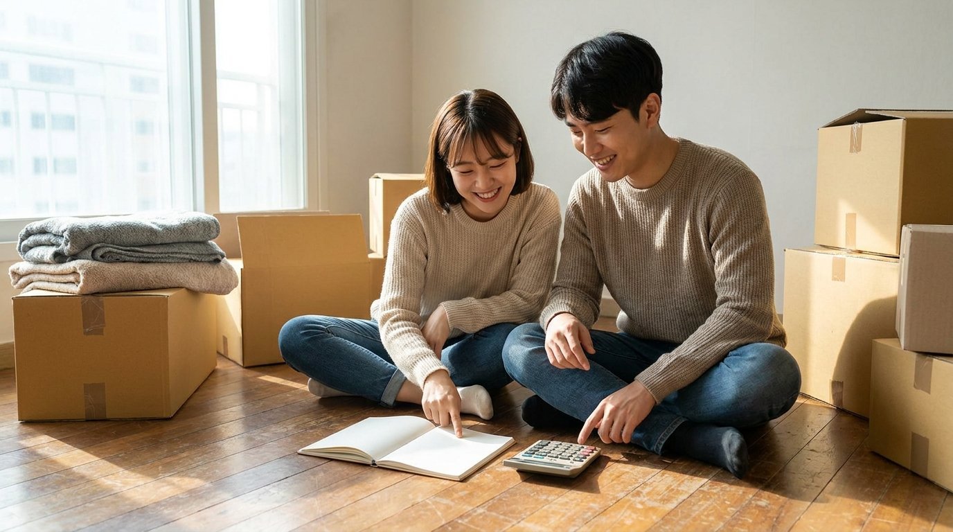 이사 비용 아끼는 법 - 이사 예산을 계획하는 부부와 이사 박스